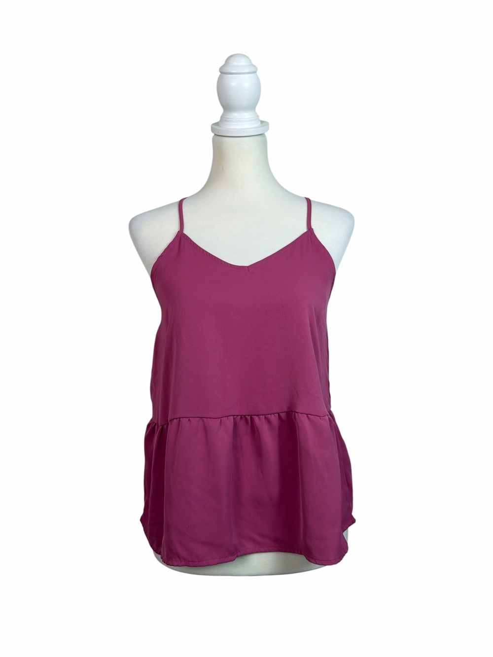 Olive & Oak Small Berry Pink Peplum Cami Top V-Neck Tie Back Ruffle Hem